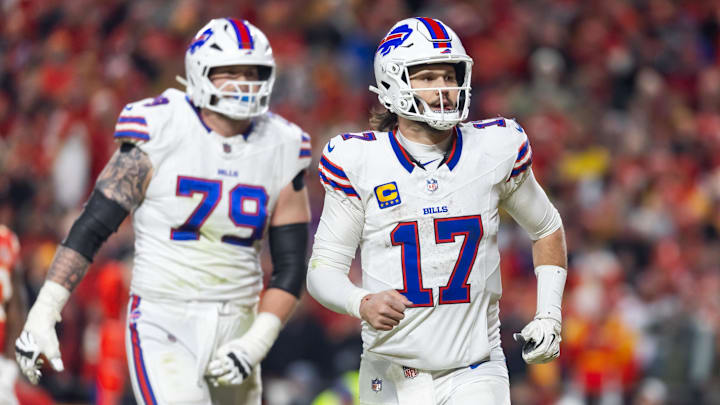 Jan 26, 2025; Kansas City, MO, USA; Buffalo Bills quarterback Josh Allen (17) and offensive tackle Spencer Brown (79) against the Kansas City Chiefs during the AFC Championship game at GEHA Field at Arrowhead Stadium.