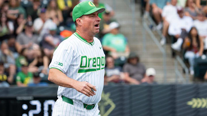 Oregon coach Mark Wasikowski comes out from the dugout to dispute a call as the Oregon Ducks host the Washington Huskies on May 10, 2025, at PK Park in Eugene. Oregon coach Mark Wasikowski comes out from the dugout to dispute a call as the Oregon Ducks host the Washington Huskies on May 10, 2025, at PK Park in Eugene.