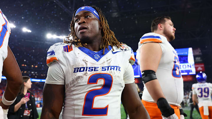 Dec 31, 2024; Glendale, AZ, USA; Boise State Broncos running back Ashton Jeanty (2) reacts after the game against the Penn State Nittany Lions in the Fiesta Bowl at State Farm Stadium. Mandatory Credit: Mark J. Rebilas-Imagn Images