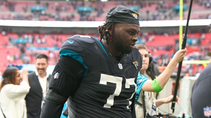 Oct 1, 2023; London, United Kingdom;  Jacksonville Jaguars offensive tackle Anton Harrison (77)