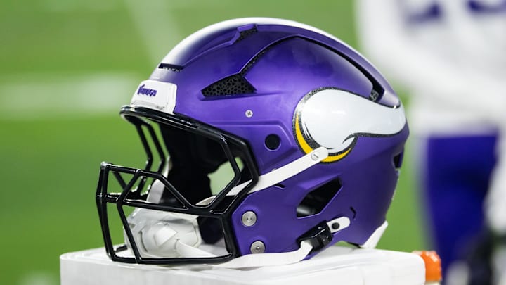 Jan 13, 2025; Glendale, AZ, USA; Detailed view of a Minnesota Vikings helmet during an NFC wild card game at State Farm Stadium. Mandatory Credit: Mark J. Rebilas-Imagn Images Jan 13, 2025; Glendale, AZ, USA; Detailed view of a Minnesota Vikings helmet during an NFC wild card game at State Farm Stadium. Mandatory Credit: Mark J. Rebilas-Imagn Images