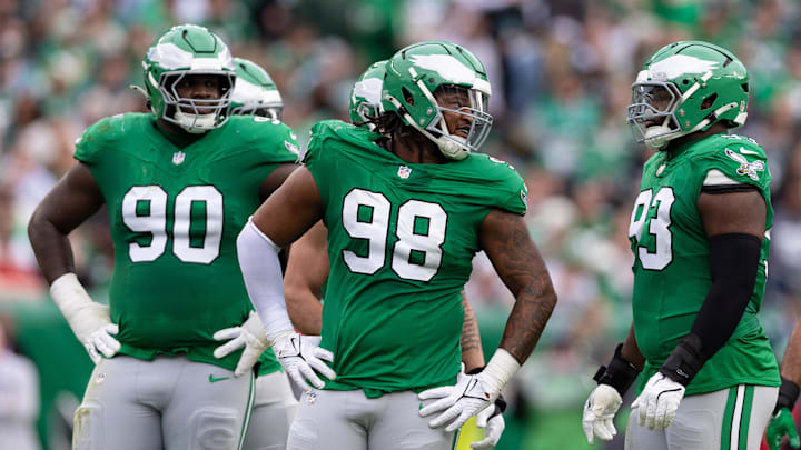 Dec 29, 2024; Philadelphia, Pennsylvania, USA; Philadelphia Eagles defensive tackle Jalen Carter (98) and defensive tackle Jordan Davis (90) and defensive tackle Milton Williams (93) during the second quarter against the Dallas Cowboys at Lincoln Financial Field. Mandatory Credit: Bill Streicher-Imagn Images