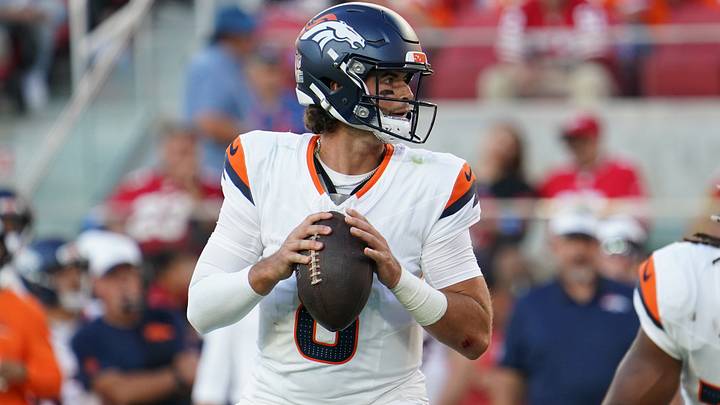 Aug 9, 2025; Santa Clara, California, USA; Denver Broncos quarterback Jarrett Stidham (8) drops back to pass in the second quarter against San Francisco 49ers at Levi's Stadium. Aug 9, 2025; Santa Clara, California, USA; Denver Broncos quarterback Jarrett Stidham (8) drops back to pass in the second quarter against San Francisco 49ers at Levi's Stadium.