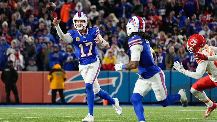 Nov 2, 2025; Orchard Park, New York, USA; Buffalo Bills quarterback Josh Allen (17) throws the ball in the second half against the Kansas City Chiefs at Highmark Stadium. Mandatory Credit: Gregory Fisher-Imagn Images Nov 2, 2025; Orchard Park, New York, USA; Buffalo Bills quarterback Josh Allen (17) throws the ball in the second half against the Kansas City Chiefs at Highmark Stadium. Mandatory Credit: Gregory Fisher-Imagn Images