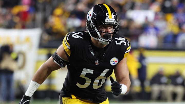 Nov 30, 2025; Pittsburgh, Pennsylvania, USA; Pittsburgh Steelers linebacker Alex Highsmith (56) looks on before a play during the second quarter against the Buffalo Bills at Acrisure Stadium. Mandatory Credit: Charles LeClaire-Imagn Images