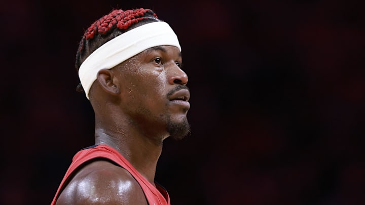Nov 24, 2024; Miami, Florida, USA;  Miami Heat forward Jimmy Butler (22) stands on the court during a timeout against the Dallas Mavericks during the second half at Kaseya Center. Mandatory Credit: Rhona Wise-Imagn Images