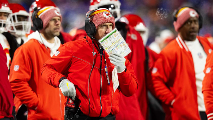 Jan 21, 2024; Orchard Park, New York, USA; Kansas City Chiefs defensive coordinator Steve Spagnuolo during the first half for the 2024 AFC divisional round game at Highmark Stadium. Mandatory Credit: Mark J. Rebilas-Imagn Images