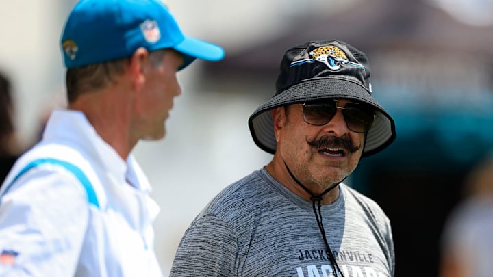 Owner Shad Khan talks with general manager Trent Baalke Monday, Aug. 14, 2023 at Miller Electric Center at EverBank Stadium in Jacksonville, Fla. Today was the 14th training camp session.