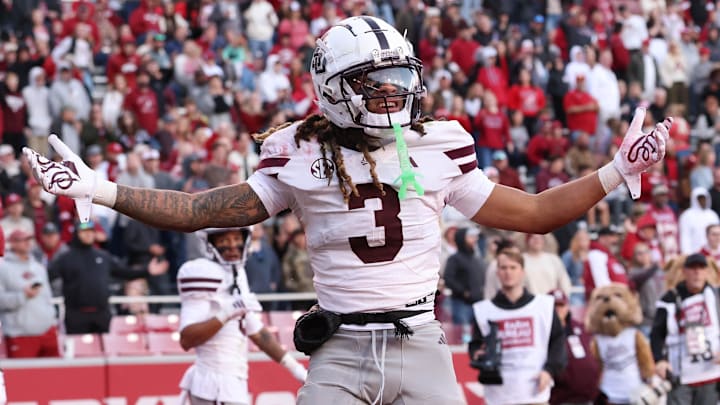 Mississippi State Bulldogs wide receiver Anthony Evans III (3) looks for a pass interference call after a play in the fourth quarter against the Arkansas Razorbacks at Donald W. Reynolds Razorback Stadium. Bulldogs won 38-35. 
