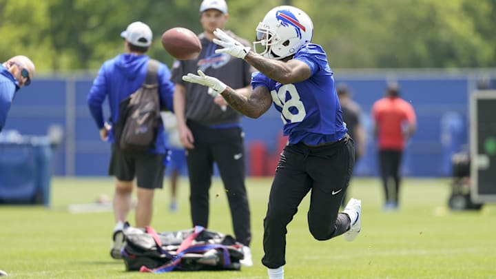 Buffalo Bills wide receiver Elijah Moore makes a catch during Minicamp at Highmark Stadium.