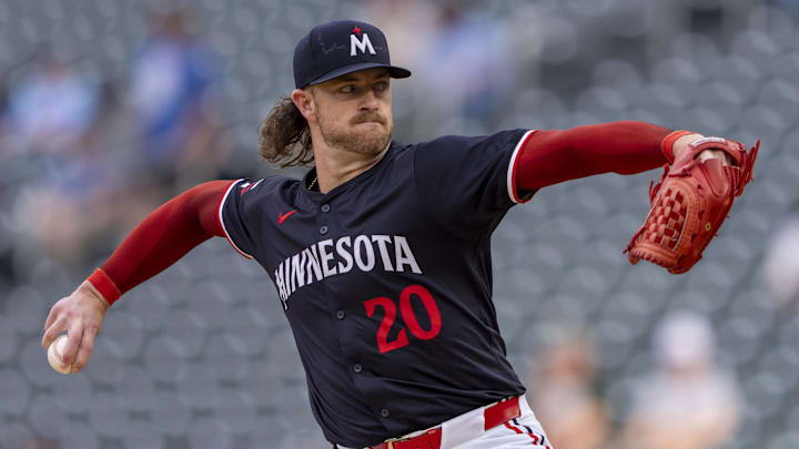 Jun 10, 2024; Minneapolis, Minnesota, USA; Minnesota Twins starting pitcher Chris Paddack (20) delivers a pitch against the Colorado Rockies in the first inning at Target Field. Mandatory Credit: Jesse Johnson-Imagn Images