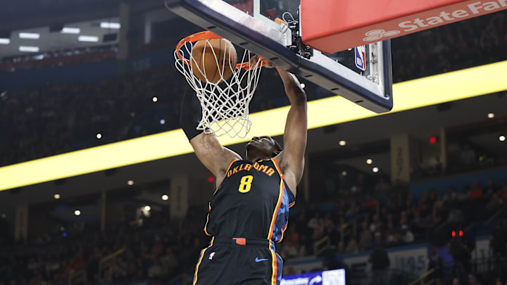 Nov 17, 2024; Oklahoma City, Oklahoma, USA; Oklahoma City Thunder forward Jalen Williams (8) dunks against the Dallas Mavericks during the second half at Paycom Center. Mandatory Credit: Alonzo Adams-Imagn Images Nov 17, 2024; Oklahoma City, Oklahoma, USA; Oklahoma City Thunder forward Jalen Williams (8) dunks against the Dallas Mavericks during the second half at Paycom Center. Mandatory Credit: Alonzo Adams-Imagn Images