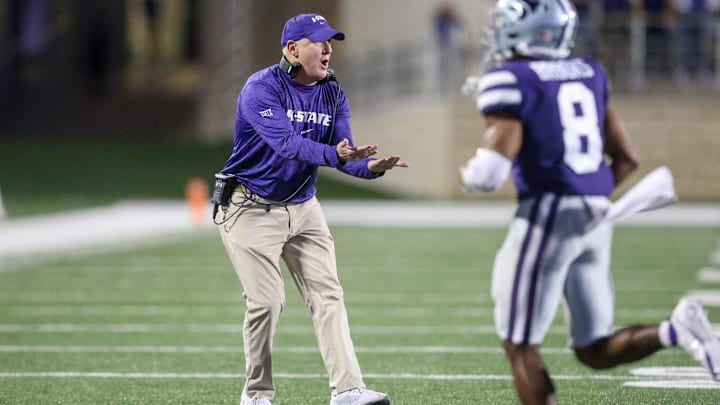 Sep 23, 2023; Manhattan, Kansas, USA; Kansas State Wildcats head coach Chris Klieman waits to talk to his offense.
