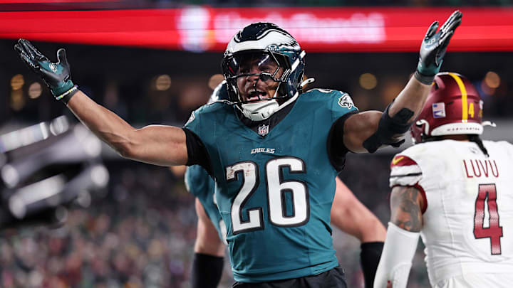 Philadelphia Eagles running back Saquon Barkley celebrates after a touchdown against the Washington Commanders during the second half in the NFC Championship.