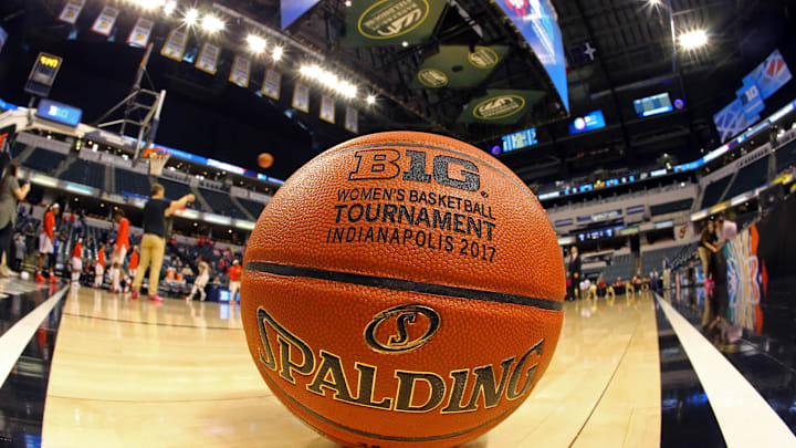 Mar 4, 2017; Indianapolis, IN, USA; A view of an official Spalding basketball with the Big Ten Conference Tournament logo prior to the game of the Ohio State Buckeyes against the Purdue Boilermakers at Bankers Life Fieldhouse. Mandatory Credit: Aaron Doster-Imagn Images