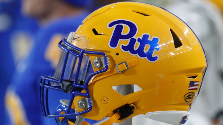 Oct 14, 2023; Pittsburgh, Pennsylvania, USA;  A Pittsburgh Panthers helmet on the sidelines against the Louisville Cardinals during the fourth quarter at Acrisure Stadium. Mandatory Credit: Charles LeClaire-Imagn Images
