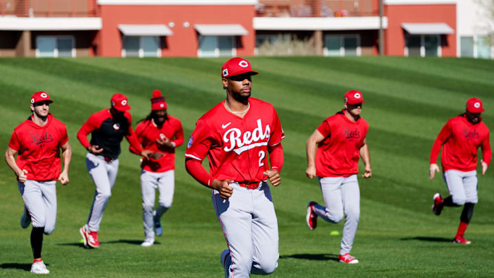 Cincinnati Reds pitcher Hunter Greene (21) runs drills during spring training, Thursday, Feb. 20, 2025, at the Cincinnati Reds Player Development Complex in Goodyear, Ariz.