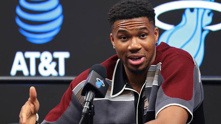Miami Heat forward Giannis Antetokounmpo (7) speaks to reporters (Mandatory Credit: Sam Navarro-Imagn Images)