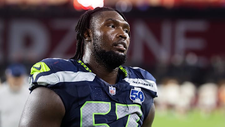 Sep 25, 2025; Glendale, Arizona, USA; Seattle Seahawks tackle Charles Cross (67) against the Arizona Cardinals at State Farm Stadium. Mandatory Credit: Mark J. Rebilas-Imagn Images