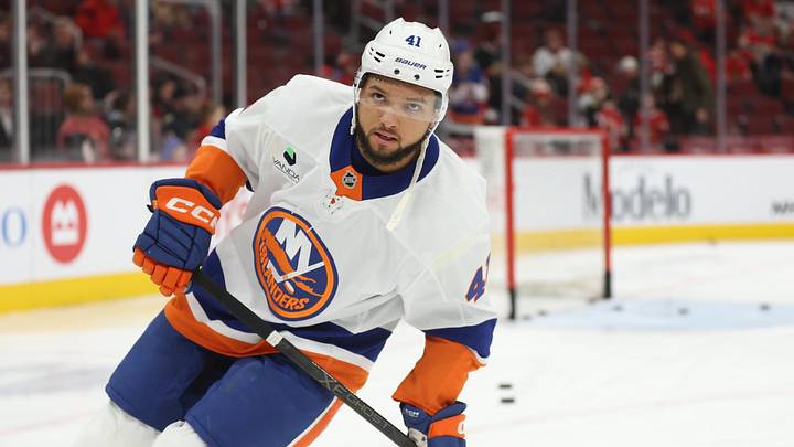 Dec 30, 2025; Chicago, Illinois, USA; New York Islanders defenseman Marshall Warren (41) warms up before a game against the Chicago Blackhawks at United Center. Mandatory Credit: Talia Sprague-Imagn Images