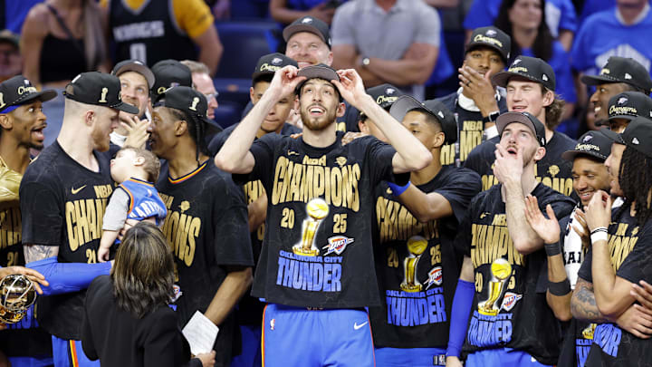 Jun 22, 2025; Oklahoma City, Oklahoma, USA; Oklahoma City Thunder forward Chet Holmgren (7) celebrates after winning game seven of the 2025 NBA Finals against the Indiana Pacers at Paycom Center. Mandatory Credit: Alonzo Adams-Imagn Images