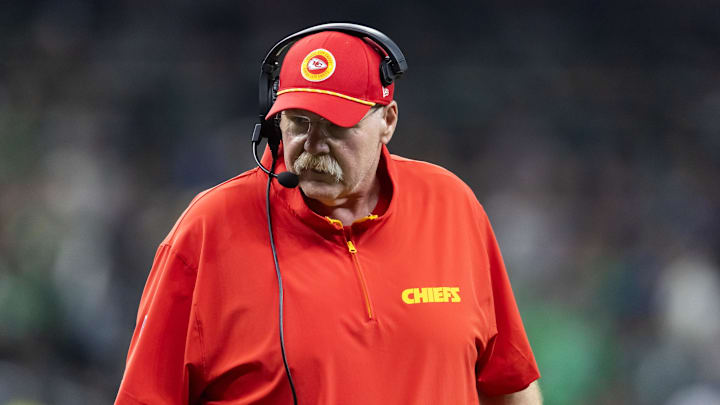 Feb 9, 2025; New Orleans, LA, USA;  Kansas City Chiefs head coach Andy Reid against the Philadelphia Eagles in Super Bowl LIX at Ceasars Superdome. Mandatory Credit: Mark J. Rebilas-Imagn Images