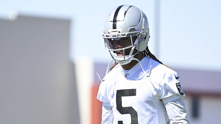 May 20, 2026; Henderson, NV, USA; Las Vegas Raiders cornerback Eric Stokes (5) warms up during organized team activities at Intermountain Health Performance Center. Mandatory Credit: Candice Ward-Imagn Images