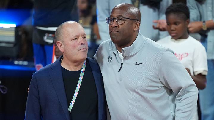 New York Knicks president Leon Rose (left) and coach Mike Brown embrace after the Emirates NBA Cup Final against the San Antonio Spurs at T-Mobile Arena. New York Knicks president Leon Rose (left) and coach Mike Brown embrace after the Emirates NBA Cup Final against the San Antonio Spurs at T-Mobile Arena.