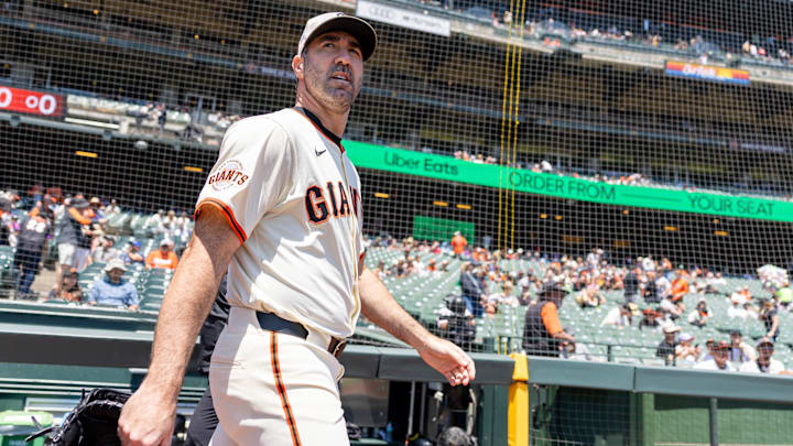 May 18, 2025; San Francisco, California, USA; San Francisco Giants pitcher Justin Verlander (35) walks onto the field before the game against the Athletics at Oracle Park.