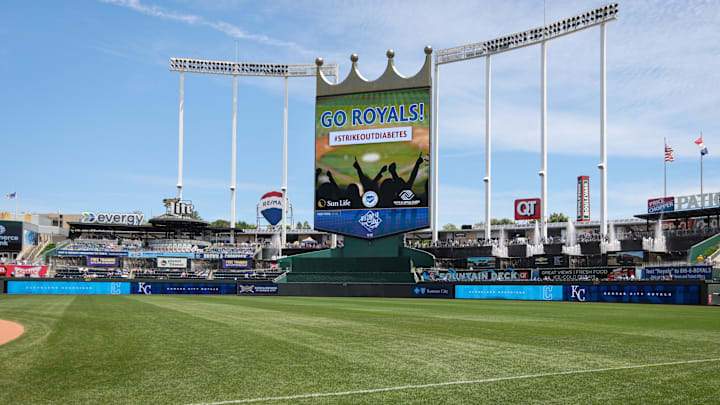 Jun 30, 2024; Kansas City, Missouri, USA; Crown scoreboard prior to the game between the Kansas City Royals and the Cleveland Guardians at Kauffman Stadium. Mandatory Credit: William Purnell-Imagn Images Jun 30, 2024; Kansas City, Missouri, USA; Crown scoreboard prior to the game between the Kansas City Royals and the Cleveland Guardians at Kauffman Stadium. Mandatory Credit: William Purnell-Imagn Images