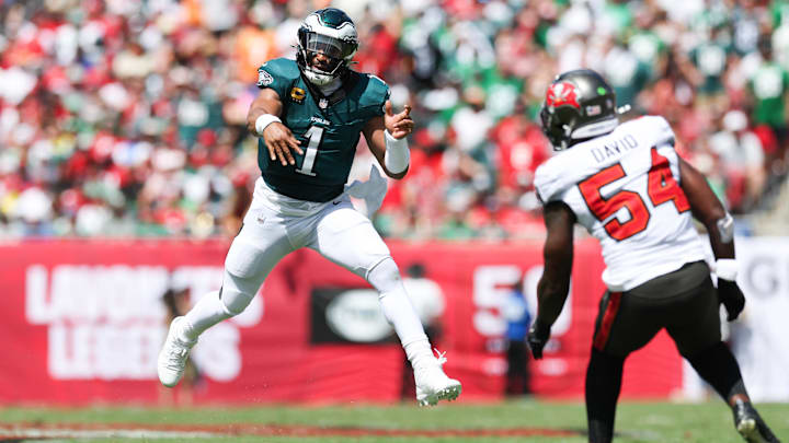 Philadelphia Eagles quarterback Jalen Hurts wears the Air Jordan 11 "Jawn Air" colorway.