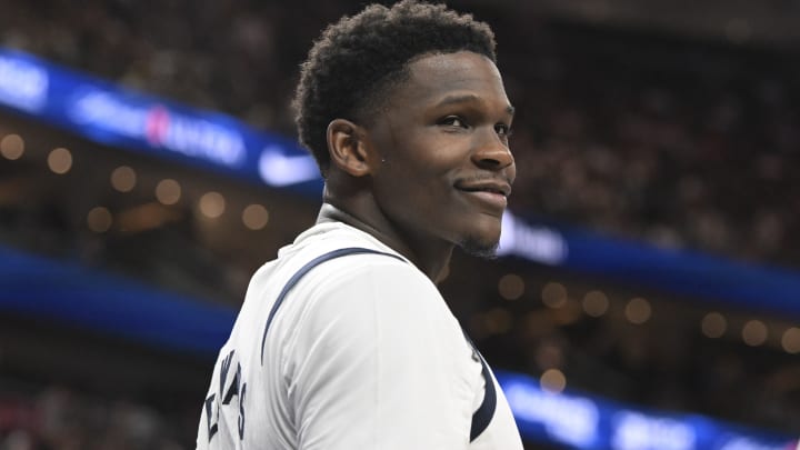 Jul 10, 2024; Las Vegas, Nevada, USA; USA guard Anthony Edwards (5) looks on in the fourth quarter against Canada in the USA Basketball Showcase at T-Mobile Arena. Mandatory Credit: Candice Ward-USA TODAY Sports