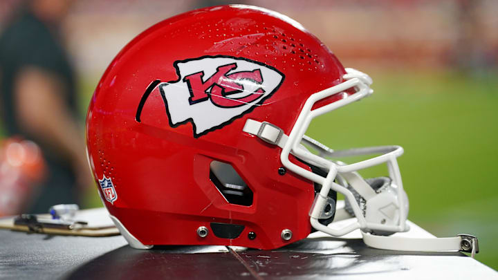 Aug 22, 2025; Kansas City, Missouri, USA; A general view of a Kansas City Chiefs helmet against the Chicago Bears during the first half of the game at GEHA Field at Arrowhead Stadium. Mandatory Credit: Denny Medley-Imagn Images