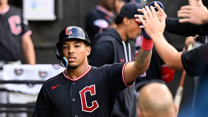 Aug 9, 2026: Cleveland Guardians second baseman Angel Genao (17) celebrates in the dugout after scoring during the ninth inning against the Chicago White Sox at Rate Field. Credit: Matt Marton-Imagn Images