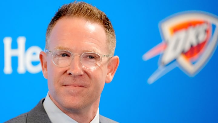Thunder general manager Sam Presti speaks during an introductory press conference for the 2024 Thunder draft picks at Oklahoma Contemporary Arts Center in Oklahoma City on Saturday, June, 29, 2024.