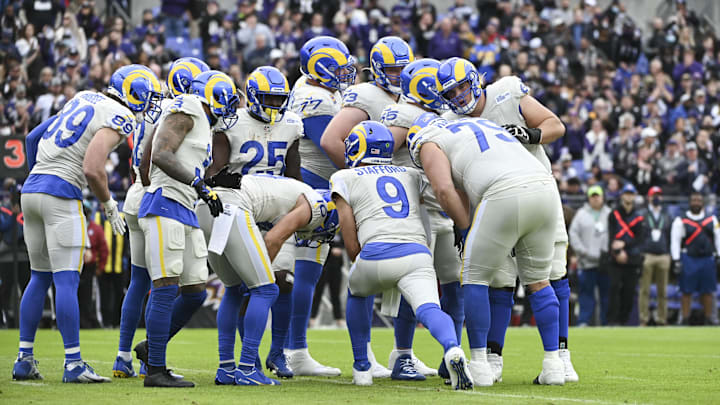 Jan 2, 2022; Baltimore, Maryland, USA; Los Angeles Rams quarterback Matthew Stafford (9) huddle with the offense during the first half against the Baltimore Ravens at M&T Bank Stadium. Mandatory Credit: Tommy Gilligan-Imagn Images Jan 2, 2022; Baltimore, Maryland, USA; Los Angeles Rams quarterback Matthew Stafford (9) huddle with the offense during the first half against the Baltimore Ravens at M&T Bank Stadium. Mandatory Credit: Tommy Gilligan-Imagn Images