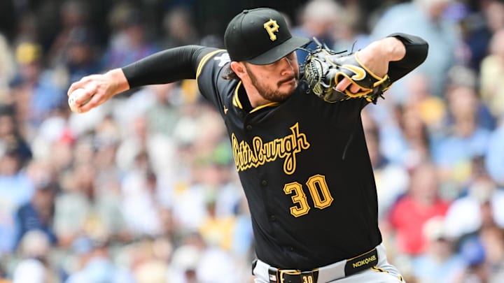 Jun 25, 2025; Milwaukee, Wisconsin, USA;  Pittsburgh Pirates starting pitcher Paul Skenes (30) throws a pitch in the first inning against the Milwaukee Brewers at American Family Field. Mandatory Credit: Benny Sieu-Imagn Images
