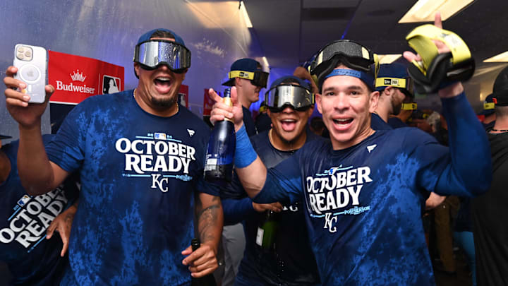Kansas City Royals players celebrate after defeating the Baltimore Orioles in game two of the wild-card round for the 2024 MLB Playoffs at Oriole Park at Camden Yards. 