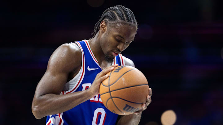 Oct 30, 2024; Philadelphia, Pennsylvania, USA; Philadelphia 76ers guard Tyrese Maxey (0) shoots a foul shotagainst the Detroit Pistons during the fourth quarter at Wells Fargo Center. Mandatory Credit: Bill Streicher-Imagn Images