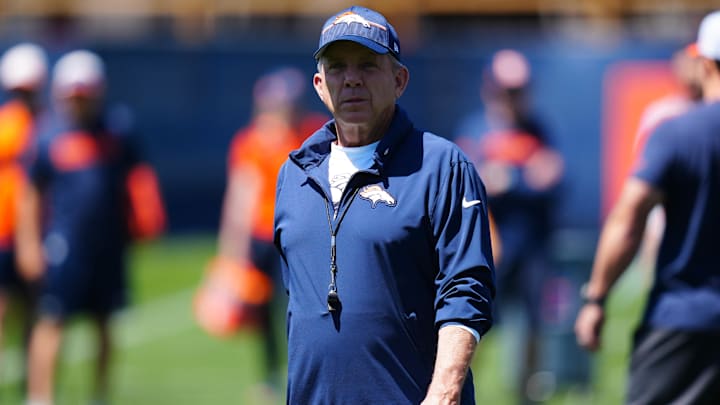 May 10, 2025; Englewood, CO, USA; Denver Broncos head coach Sean Payton during rookie minicamp at Broncos Park Powered by CommonSpirit. Mandatory Credit: Ron Chenoy-Imagn Images