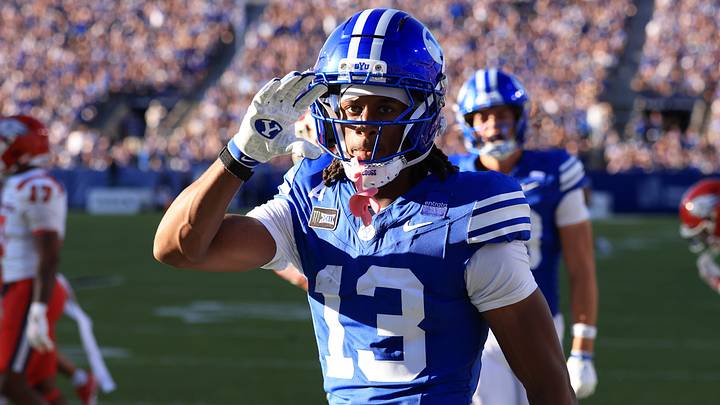 Sep 5, 2026; Provo, Utah, USA;  BYU Cougars wide receiver Jojo Phillips (13) celebrates after scoring a touchdown against the Utah Tech Trailblazers during the first quarter at LaVell Edwards Stadium.  Mandatory Credit: Rob Gray-Imagn Images
