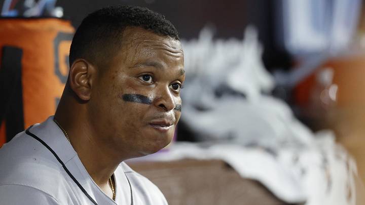San Francisco Giants first baseman Rafael Devers (16) sits in the dugout. San Francisco Giants first baseman Rafael Devers (16) sits in the dugout.