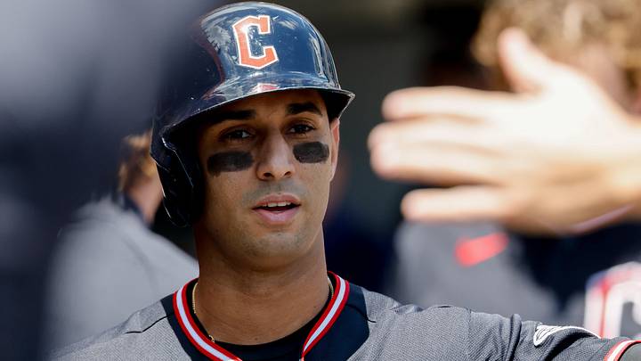 May 21, 2026: Cleveland Guardians shortstop Brayan Rocchio (4) receives congratulations from teammates after scoring in the third inning against the Detroit Tigers at Comerica Park. 