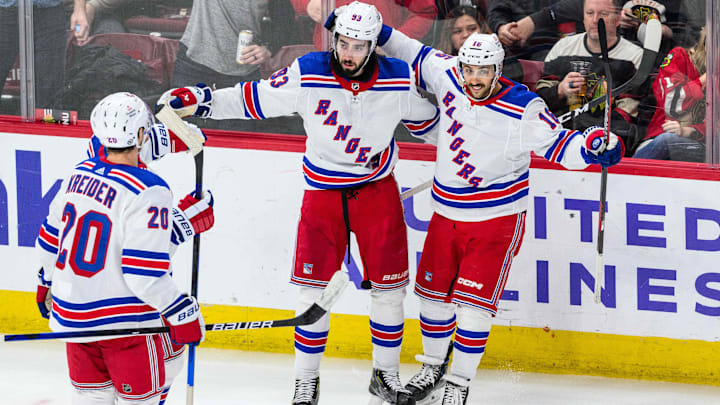 Feb 9, 2024; Chicago, Illinois, USA; New York Rangers center Mika Zibanejad (93) celebrates his goal
