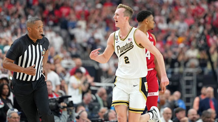 Apr 6, 2024; Glendale, AZ, USA; Purdue Boilermakers guard Fletcher Loyer (2) reacts after a play