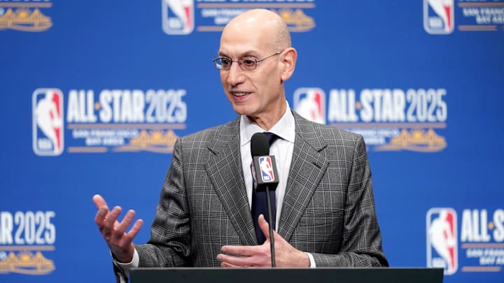 NBA Commissioner Adam Silver speaks in a press conference during All-Star Weekend ahead of the NBA All-Star Game at Chase Center in San Francisco on Feb. 15, 2025.