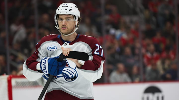 Apr 2, 2025; Chicago, Illinois, USA; Colorado Avalanche left wing Jonathan Drouin (27) warms up before a game against the Chicago Blackhawks at United Center. Mandatory Credit: Talia Sprague-Imagn Images