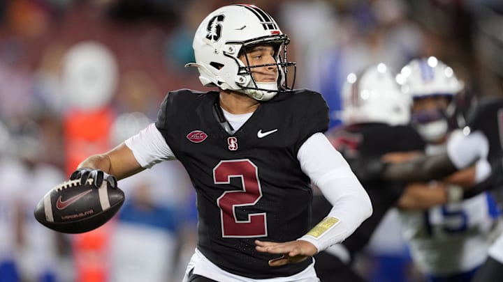 Oct 19, 2024; Stanford, California, USA; Stanford Cardinal quarterback Elijah Brown (2) throws a pass against the Southern Methodist Mustangs/ during the third quarter at Stanford Stadium. Mandatory Credit: Darren Yamashita-Imagn Images Oct 19, 2024; Stanford, California, USA; Stanford Cardinal quarterback Elijah Brown (2) throws a pass against the Southern Methodist Mustangs/ during the third quarter at Stanford Stadium. Mandatory Credit: Darren Yamashita-Imagn Images