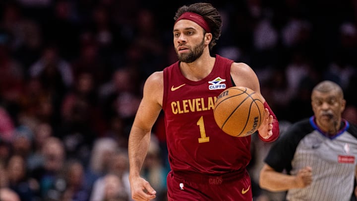 Mar 7, 2025; Charlotte, North Carolina, USA; Cleveland Cavaliers guard Max Strus (1) brings the ball up court against the Charlotte Hornets during the third quarter at Spectrum Center. Mandatory Credit: Scott Kinser-Imagn Images