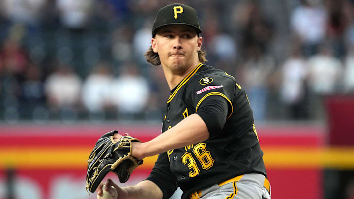 May 5, 2026; Phoenix, Arizona, USA; Pittsburgh Pirates pitcher Bubba Chandler (36) throws against the Arizona Diamondbacks in the first inning at Chase Field. Mandatory Credit: Rick Scuteri-Imagn Images